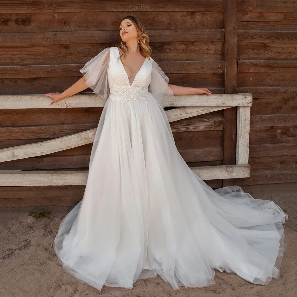 Elegant Flare Sleeves Plus Size Bridal Gown V Neck Customized A-line Wedding Dress Oversize Lace Bride Dresses Vestido de Novia