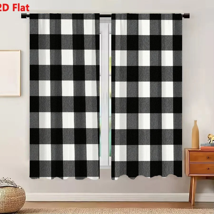 2Pcs Curtains 2D Flat Classic Black And White Gingham Pattern Picnic Blanket Tablecloth Rustic Home Decor Window Drapes for Bedr