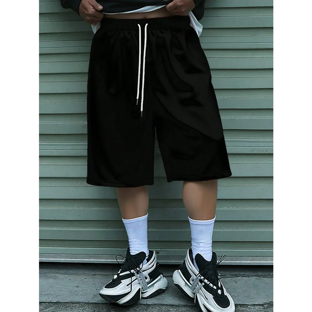 

Мужские свободные шорты с поясом на шнурке, спортивные шорты, голографические однотонные уличные шорты из чистого хлопка, мужские шорты свободного покроя