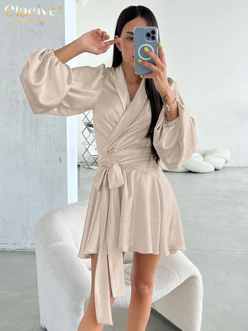 Clacive moda solta roxo cetim vestido feminino 2025 casual com decote em v manga longa mini vestidos elegante clássico rendas vestido feminino