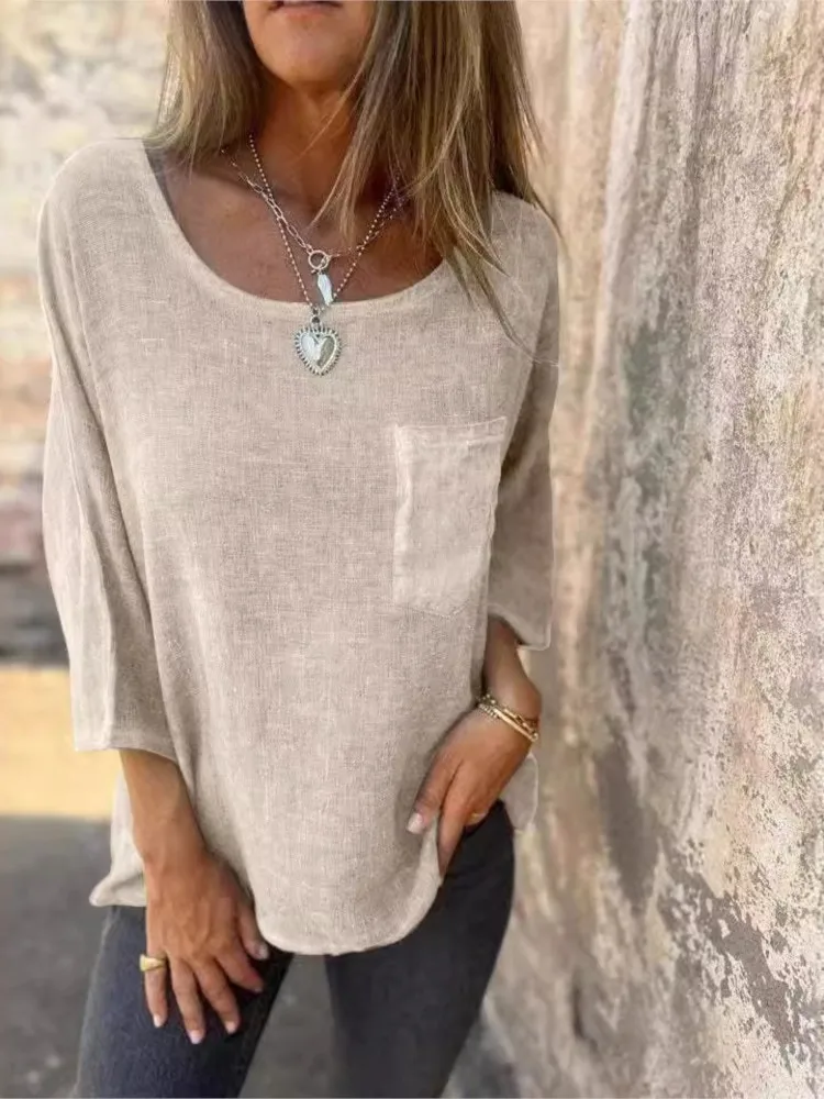 Pocket Casual Cotton And Linen Crew Neck T-shirt Spring Summer Fashion O-neck Solid Elegant Loose Top Tshirts New Female T Shirt