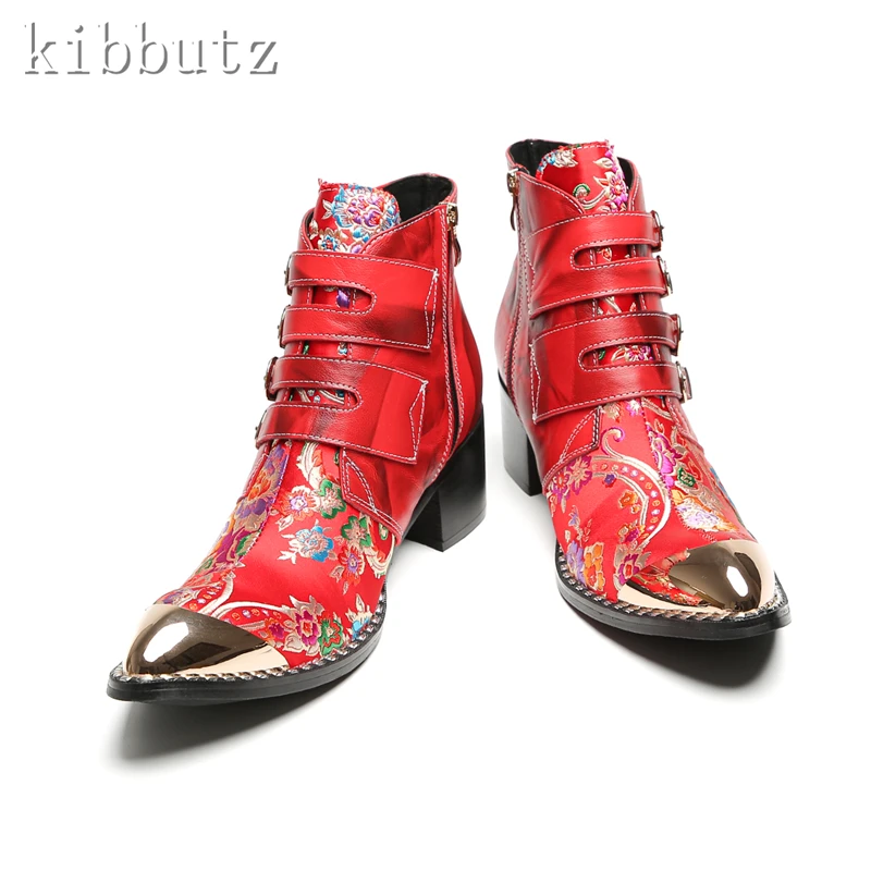 디자이너 신상 프린트 버클 스트랩 앵클 부츠 남성 메탈 토 진짜 가죽 하이힐 첼시 부츠 패션 파티 드레스 슈즈