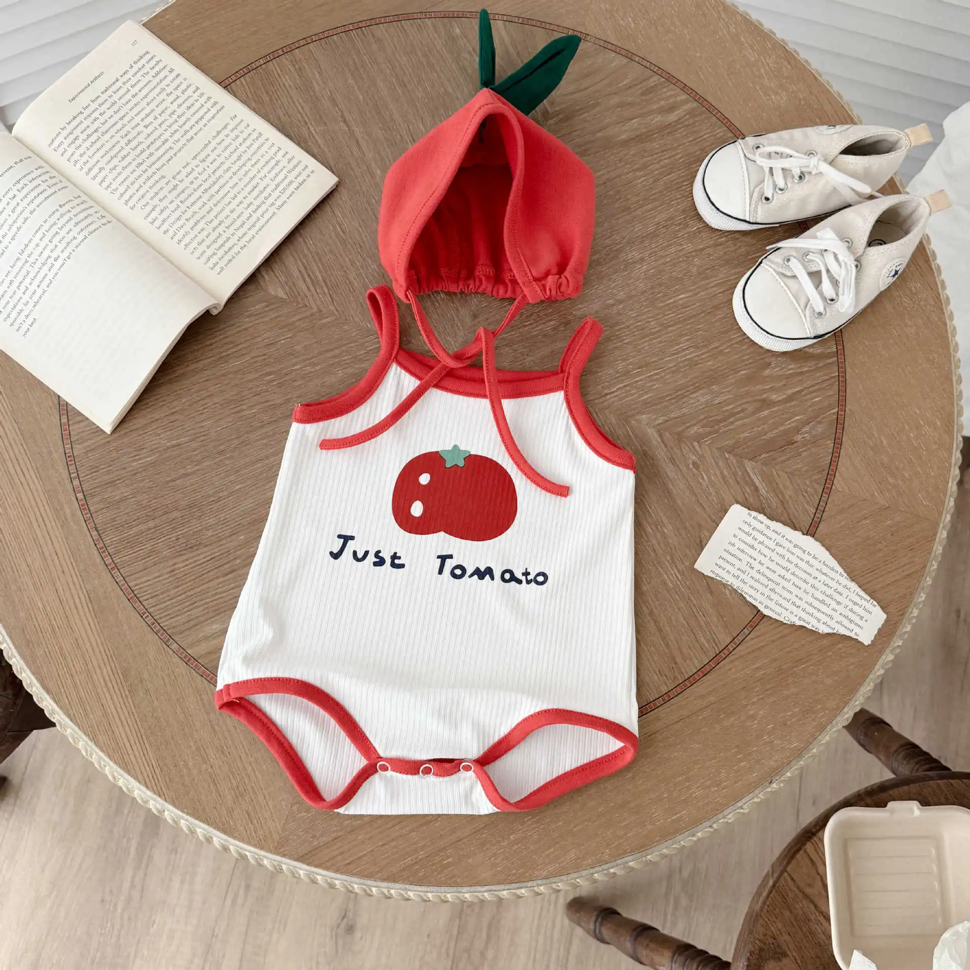 Baby Kleidung Sommer Baby Junge Mädchen Bodysuit Nette Tomaten Druck Ärmellose Infant Sling Onesie + Hut 2Pcs Neugeborenen Fotografie outfit