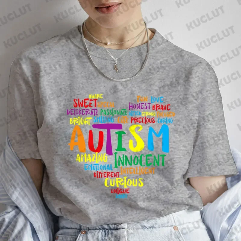 Autism Awareness Heart Print Y2k Graphic T-Shirt Women Clothes Short Sleeve Tees Female Clothing Tops Harajuku Oversized Tshirt