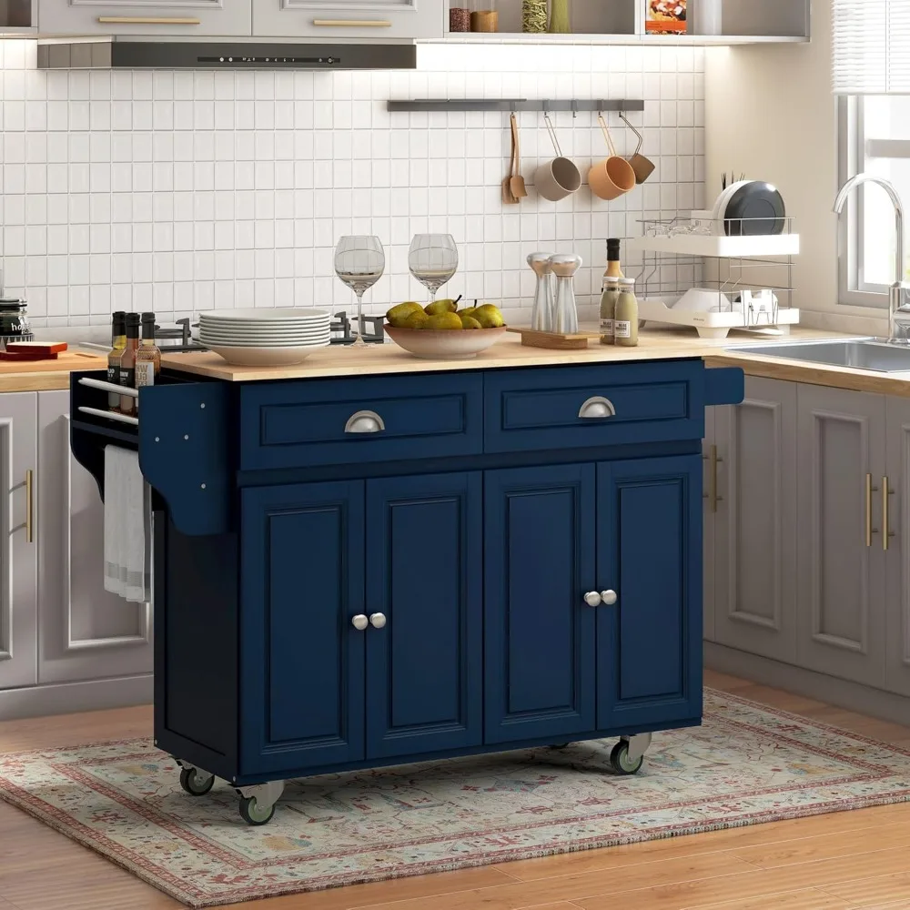 Rolling Kitchen Island Drop Leaf, Kitchen Cart on Wheels, 4-Door Cabinets and Spice Rack, Dark Blue，Kitchen Islands & Trolleys