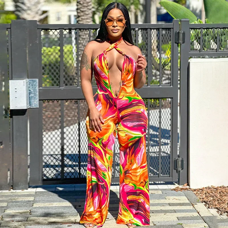 Sexy Halter Deep V-neck Backless Jumpsuit Women 2025 Sleeveless Printing Holiday Outfits One Pieces Wide Leg Rompers Bohemia