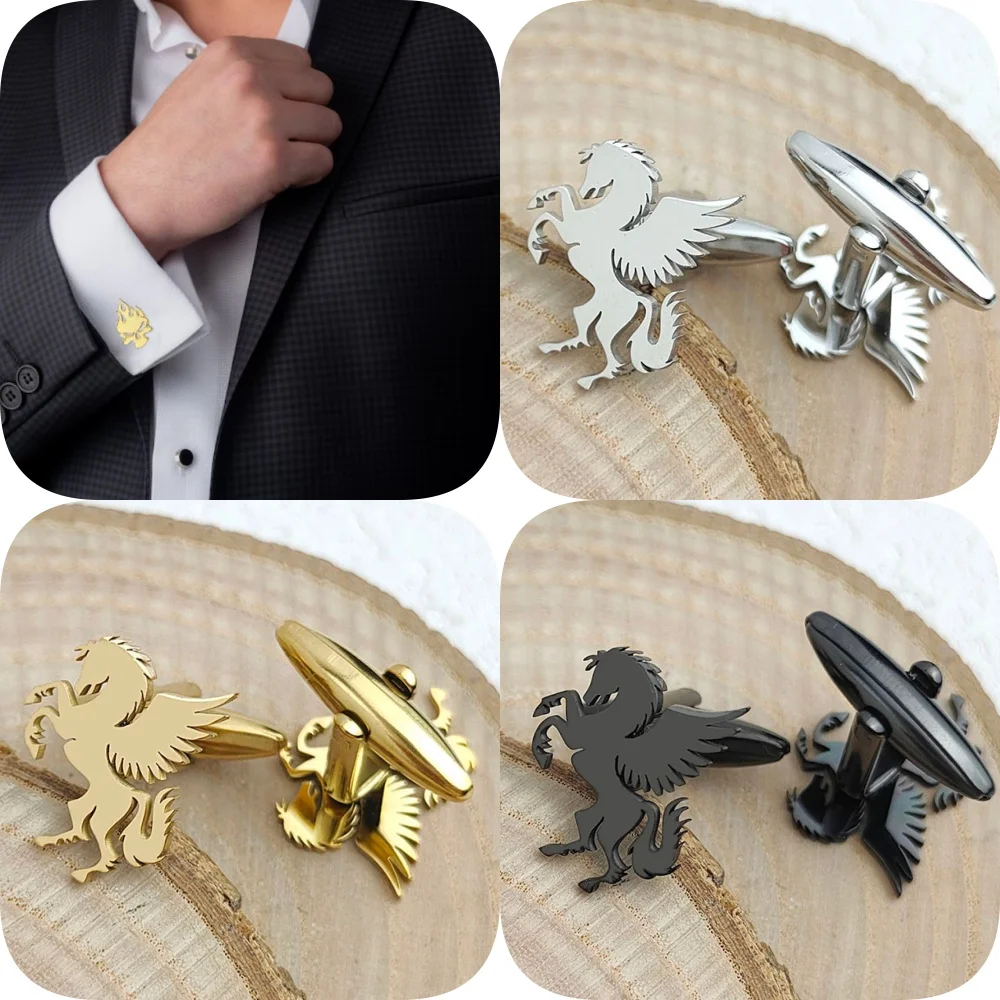 Gemelos originales de acero inoxidable con alas y pegasus, resistentes al agua y que no se decoloran, botones de camisa francesa, regalo para novio