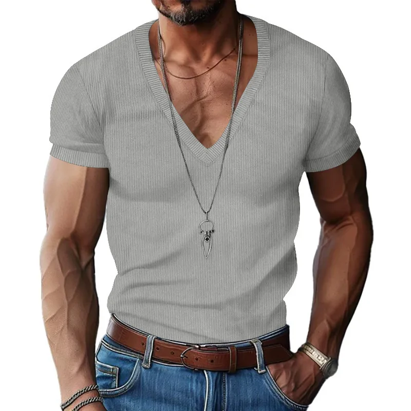 Summer Half Sleeve Knit T-Shirts Men Elastic Loose Tops Fashion V-Neck Casual Tees Male Knitting Pull On T Shirt Streetwear Man