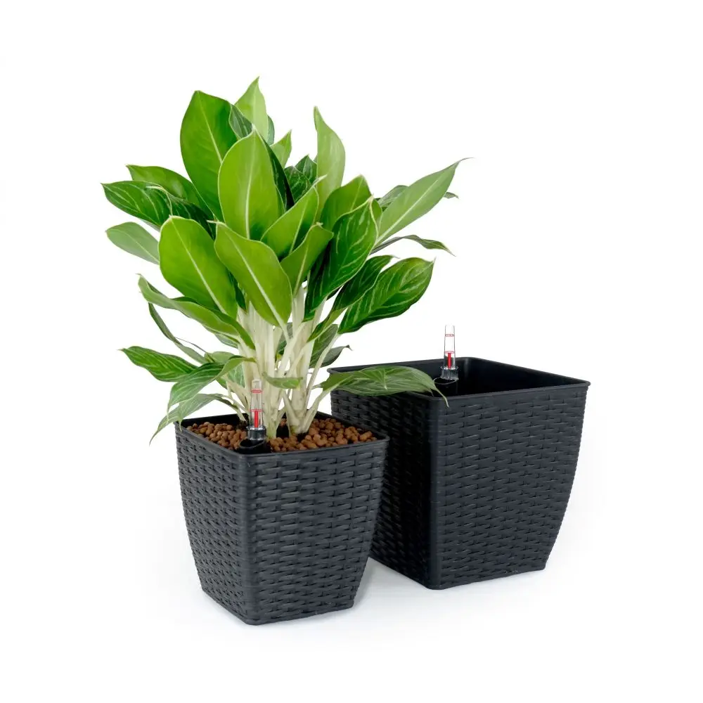 

2-Pack Self-watering Planter - Hand Woven Wicker - Thin Square - Dark Gray