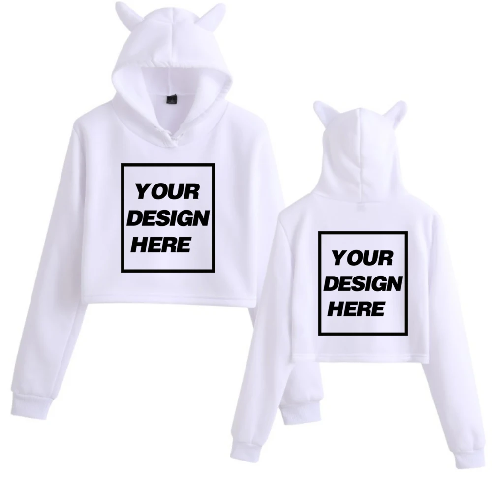 Custom Text Name Personalized Message Your Design Add Your Own Graphic Crop Tops Cat Ears Girls Women Pullover Hoodie