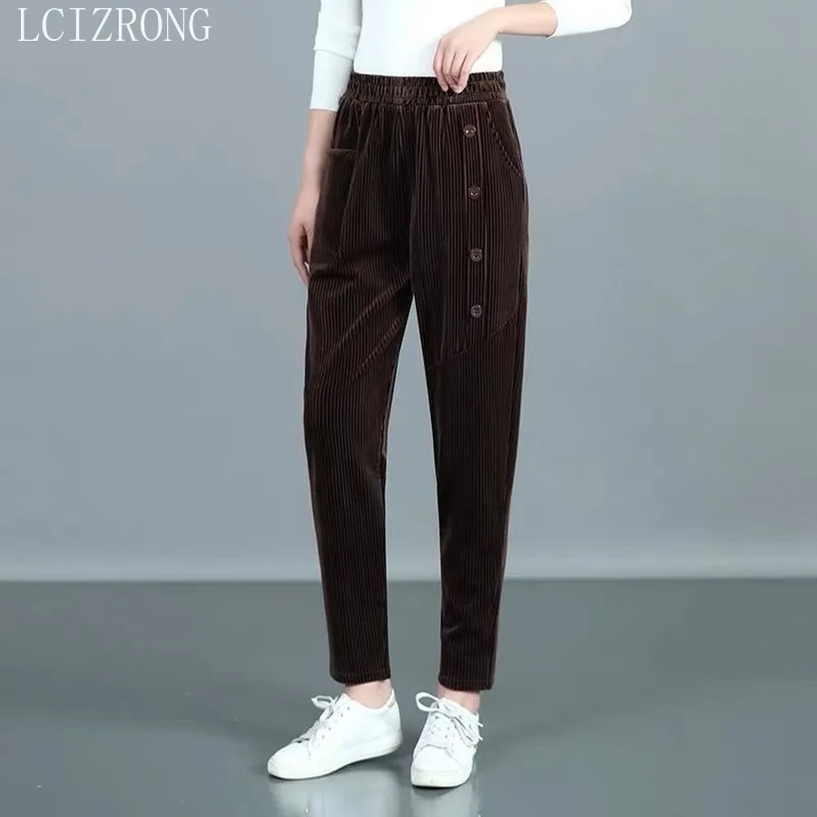 

Add Plush Long Pants for Women Casual Elastic High Waist Pant Winter 2023 Warm Fashion Big Size Female Pleated Pant Trousers