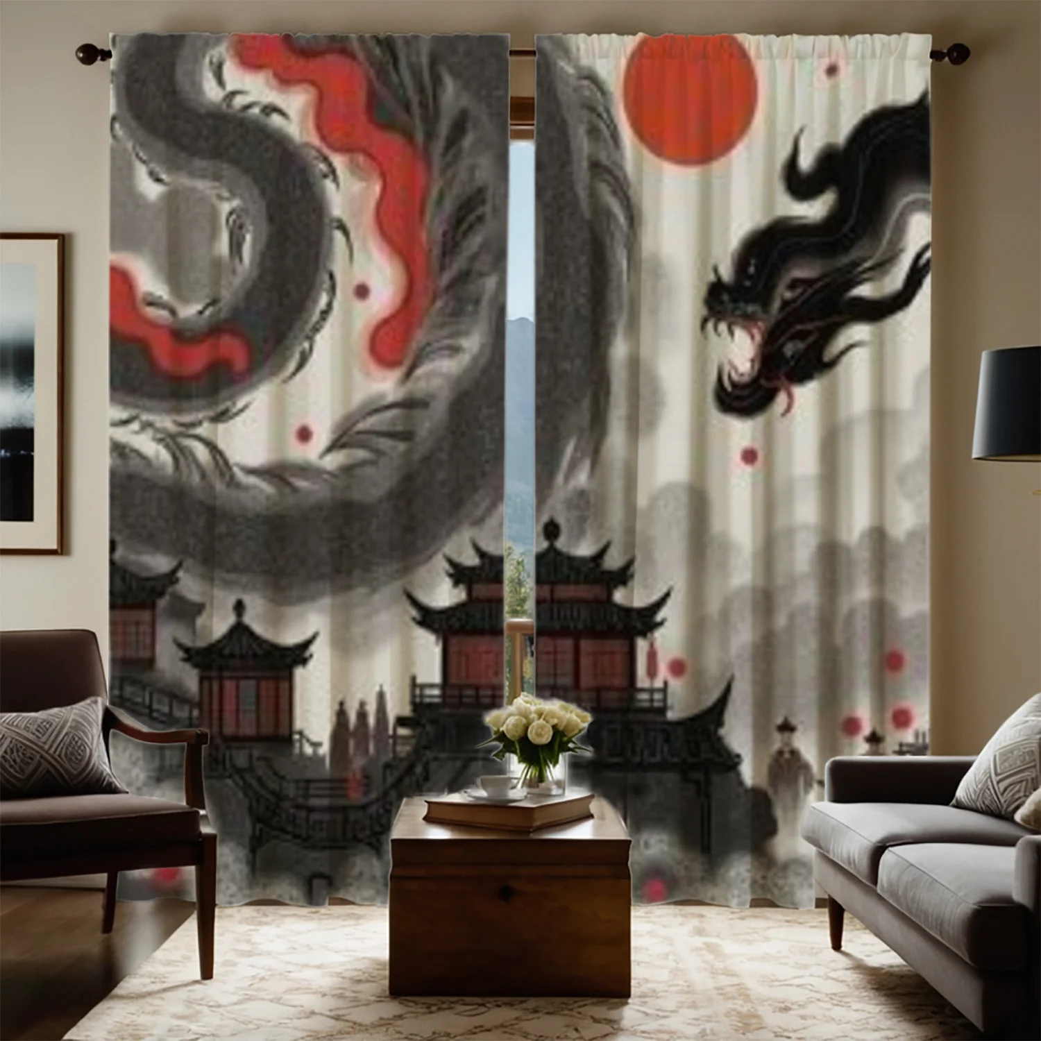 2pcs Asian Dragon Curtains - Chinese Architecture Window Drapes with Red Sun & Pagoda Designs in Black, Gray, Red - Semi-Sheer P