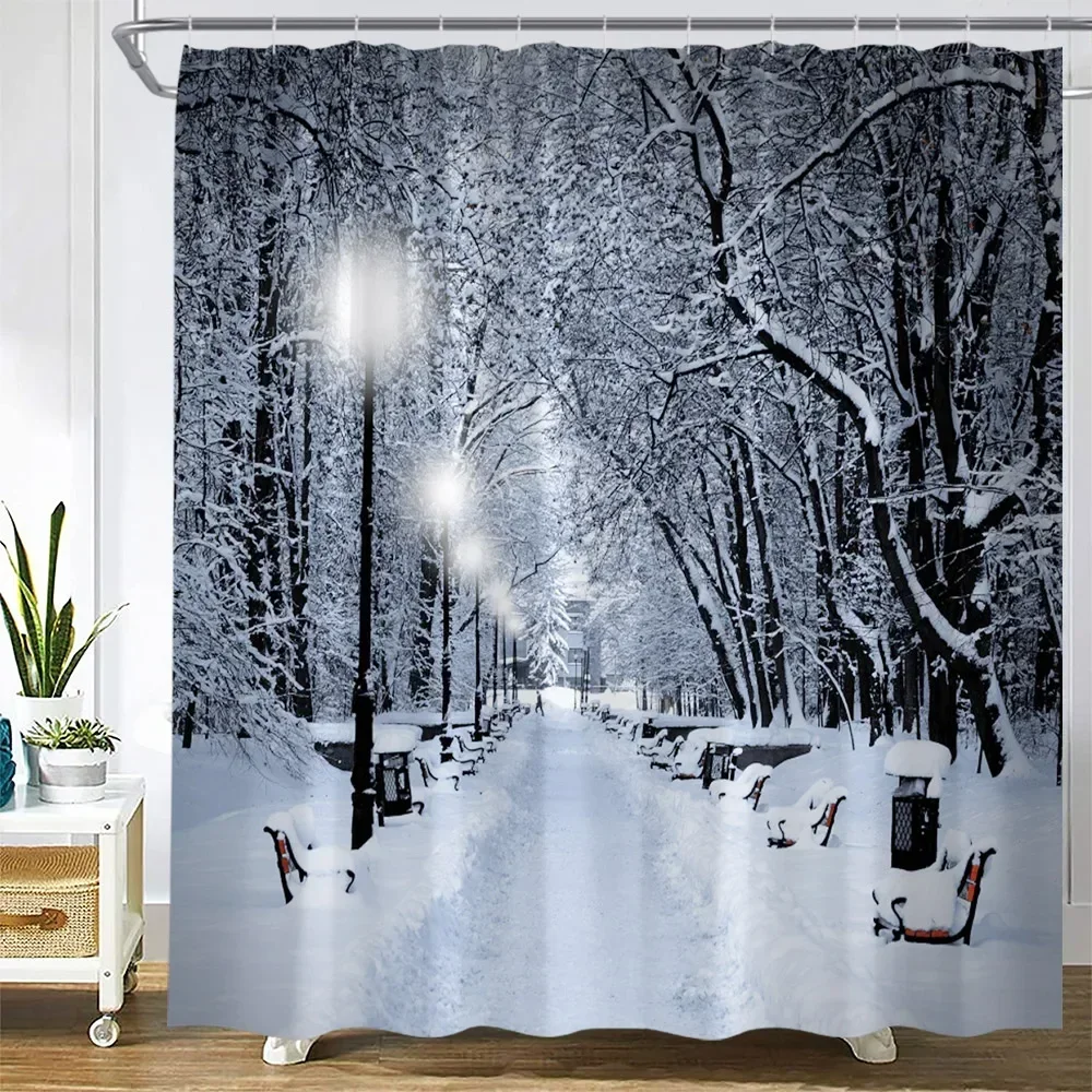 Winter Landscape Shower Curtains Snow Forest Trees Branch Nature Scenery Christmas Home Bathroom Decor Fabric Bath Curtain Sets