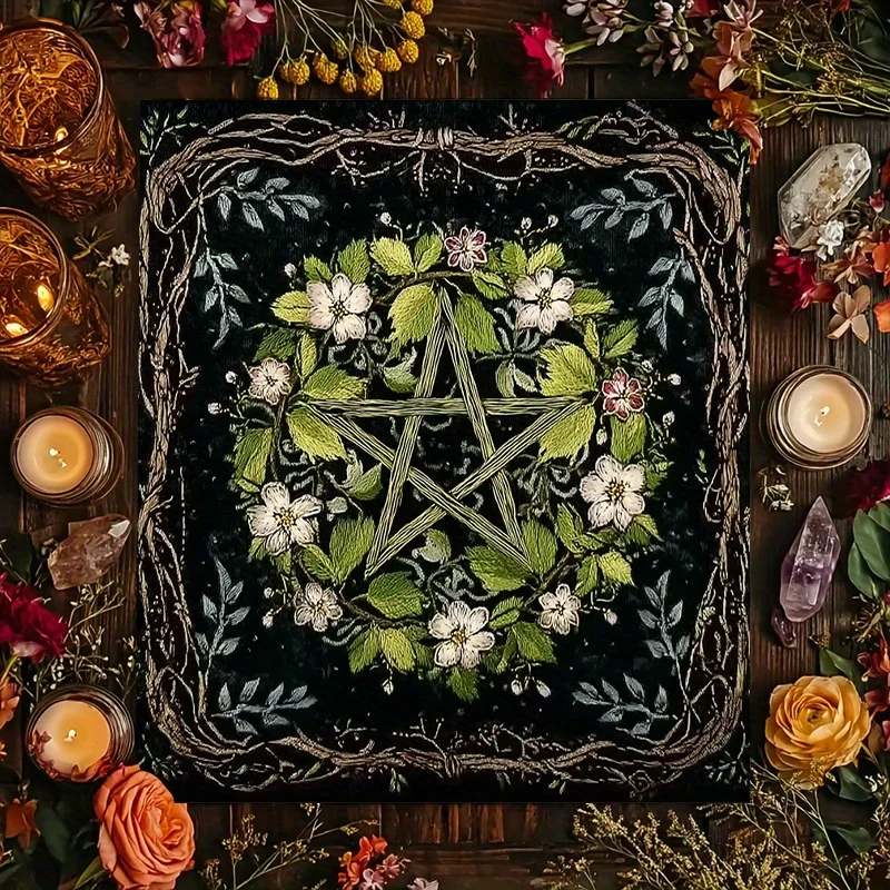 Mystic Star of David Embroidered Table Runner Dark Green Boho Witchy Boho Home Decor Tapestry Cloth