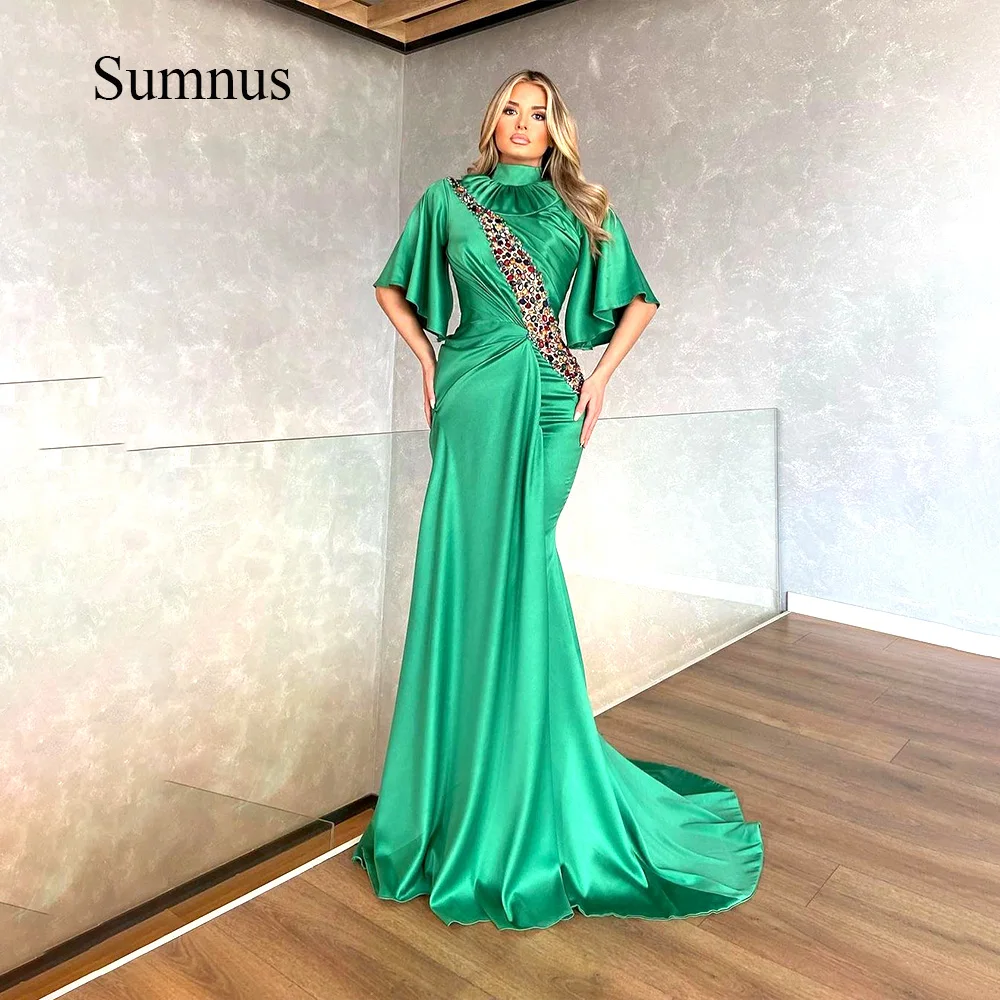 

Green High Neck Maxi Arabic Evening Dresses Colorful Gemstone Spandex Half Sleeve Dubai Prom Dress With Train Formal Gowns Women