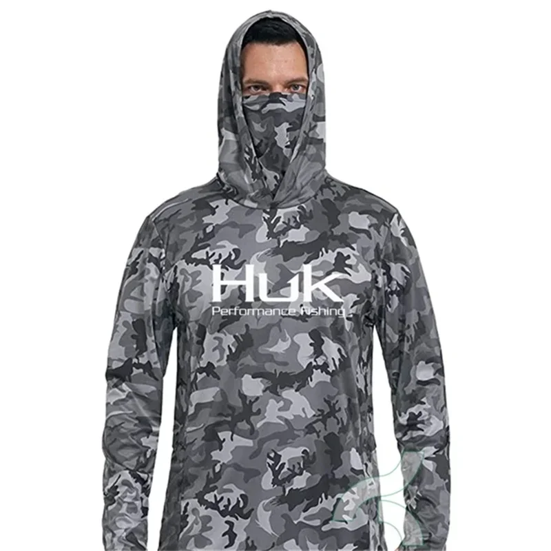 HUK Fishing Shirt UPF 50+ Hooded Face Cover Fishing Clothes Sun UV Protection Long Sleeve Hoodie Men\'s Face Mask Camisa De Pesca