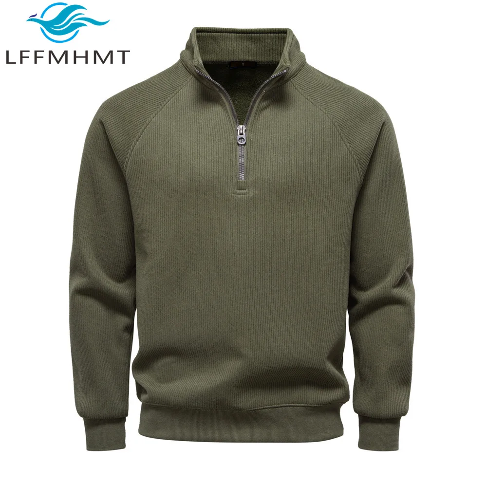 

Мужской однотонный повседневный пуловер с воротником-стойкой и полумолнией на флисовой подкладке, осенне-зимний модный универсальный флисовый свитшот