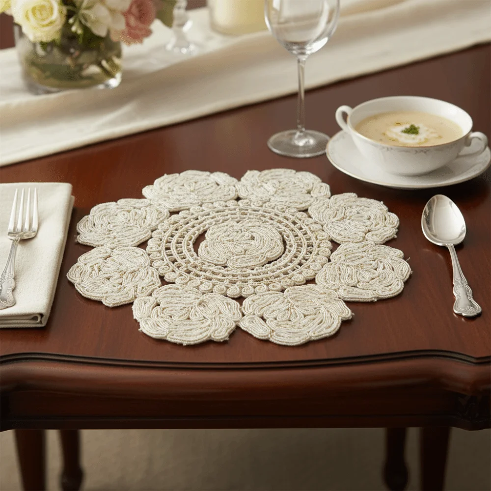 Vintage Rose Embroidery Placemat Modern Handmade Table Place Mats Hollowed-out French Design Crochet Doilies Wedding Decor