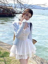 Sweet Bow Cardigan Sets Women Casual Y2k Crop Top Vest + Cardigan Coats Elegant 2 Piece Sets Female Korean Fashion Corset Autumn
