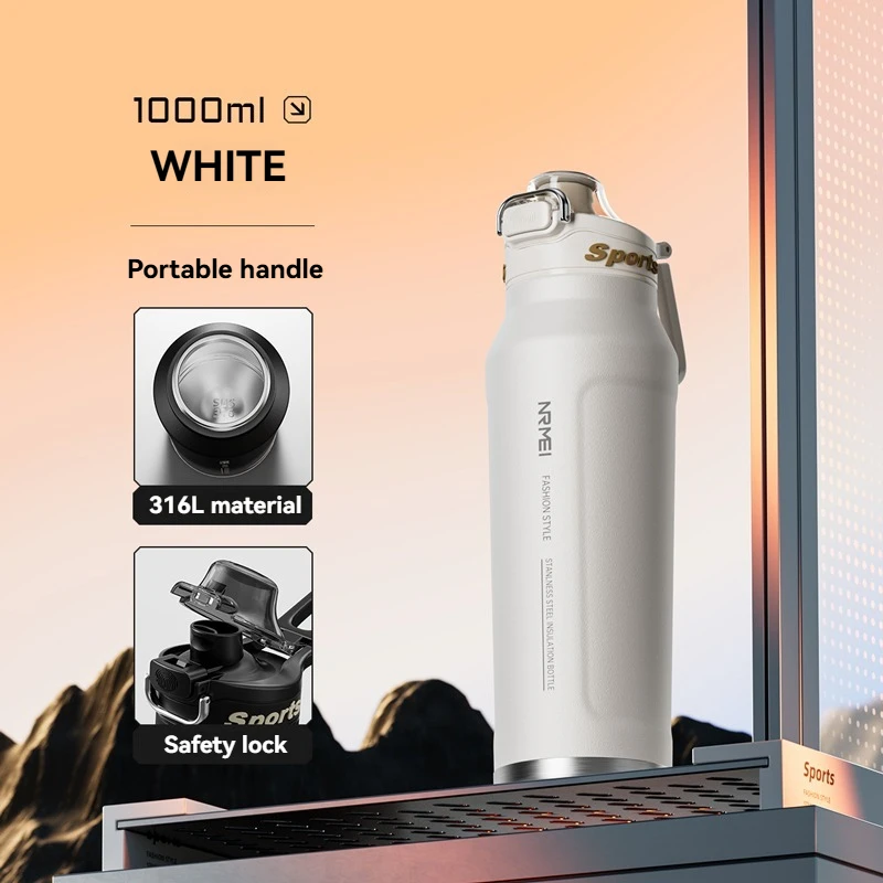 1L Thermosflasche Edelstahl Eis- und wärmeisolierte Tassen Wandern Radfahren Fitness Isolierflaschen mit Griff
