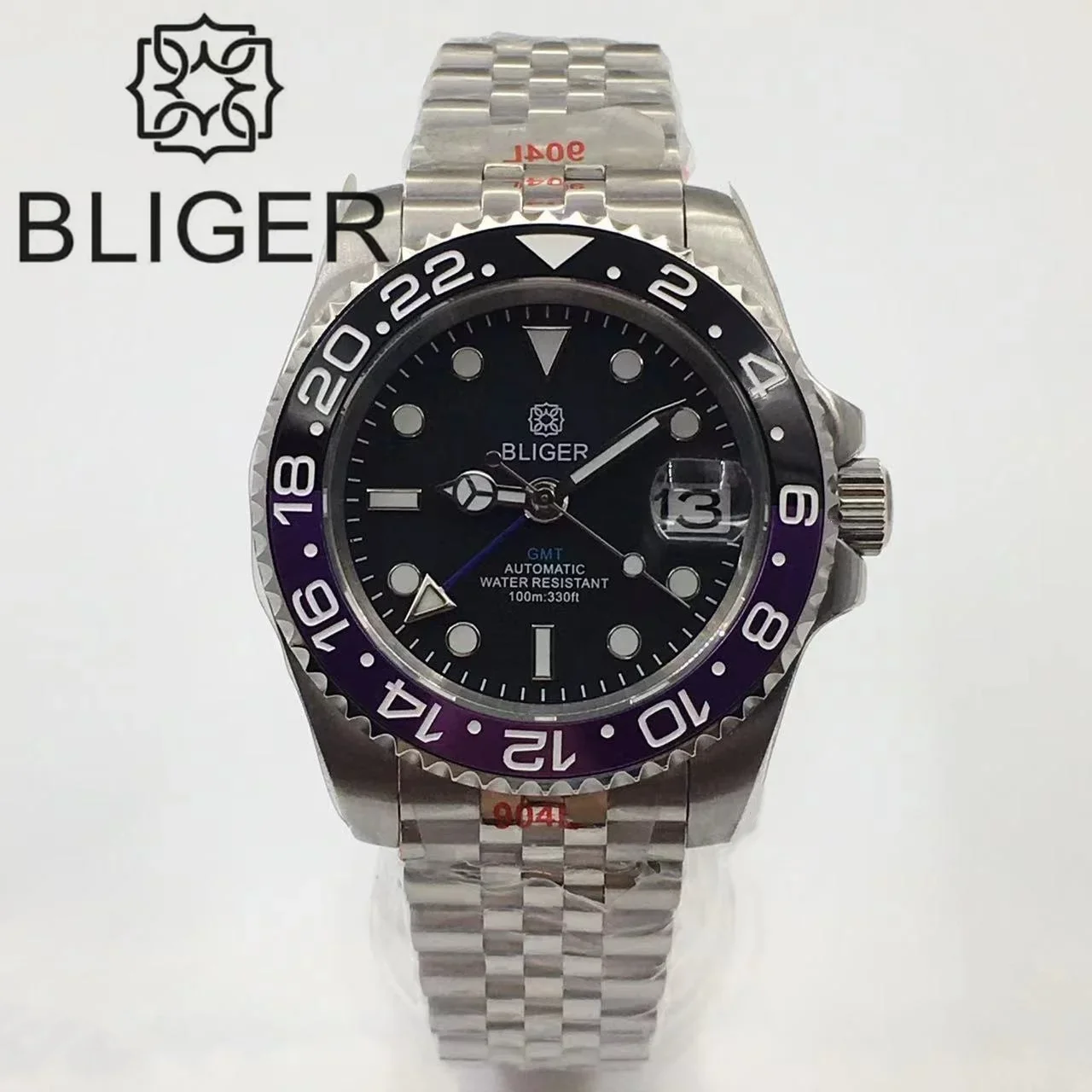 

BLIGER 40mm Silver NH34 GMT Automatic Watch For Men Waterproof Steel Strap Ceramics Bezel Sapphire Glass Luminous Black Dial