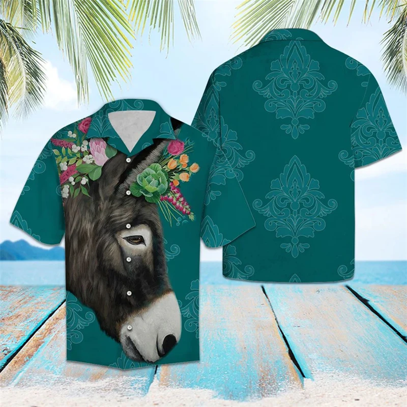 Camisas hawaianas con diseño de burro divertido para hombres, camisas informales de verano para vacaciones, camisa con estampado de animales en 3D, blusas holgadas y transpirables