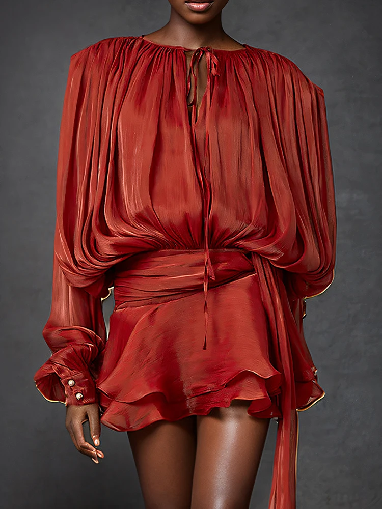 

STUDIO Loose Long Sve Blouse Women's Ele Midi irt with Saes French Sle Polyester Lantern Sve Breathable