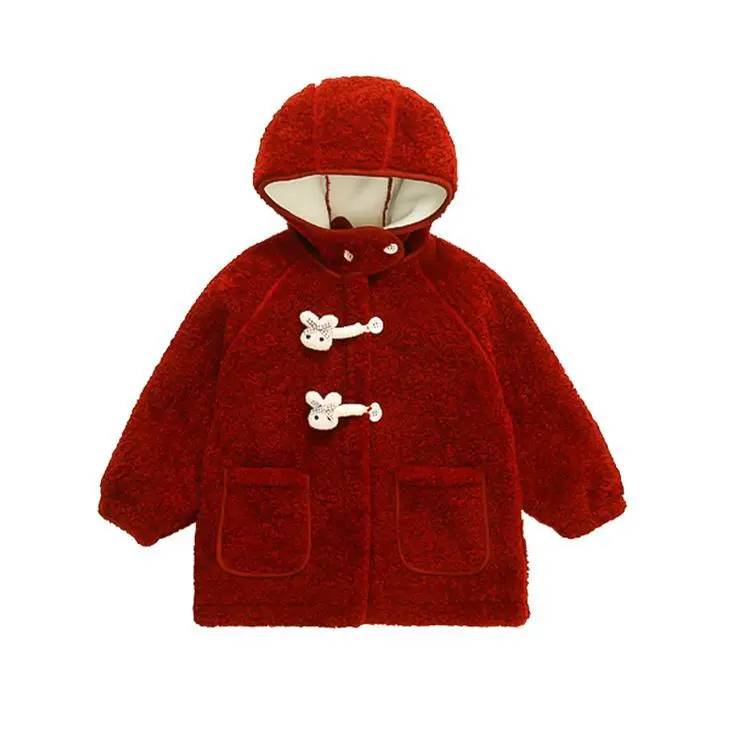 Autumn Winter Children Girl Jackets Rabbit Button Fleece Hooded Baby Girl Outerwear Coat Solid Long Sleeve Warm Little Girl Coat