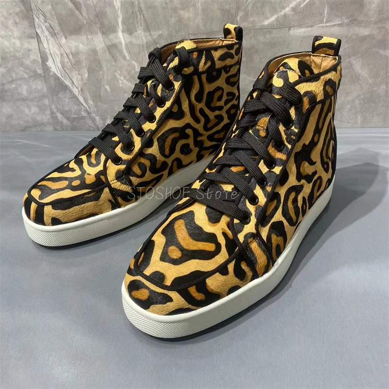 Leopard Print High Top Casual Shoes for Men and Women Lace Up Sports Shoe Sneakers Luxury Brand Handmade High Quality Size 48