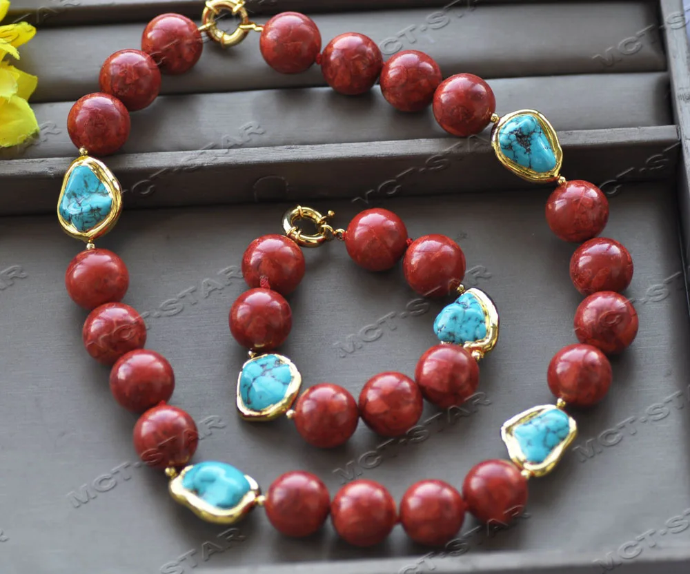 Z12523 Set 18mm Red Round Coral Blue Baroque Gold plated Turquoise Necklace Bracelet