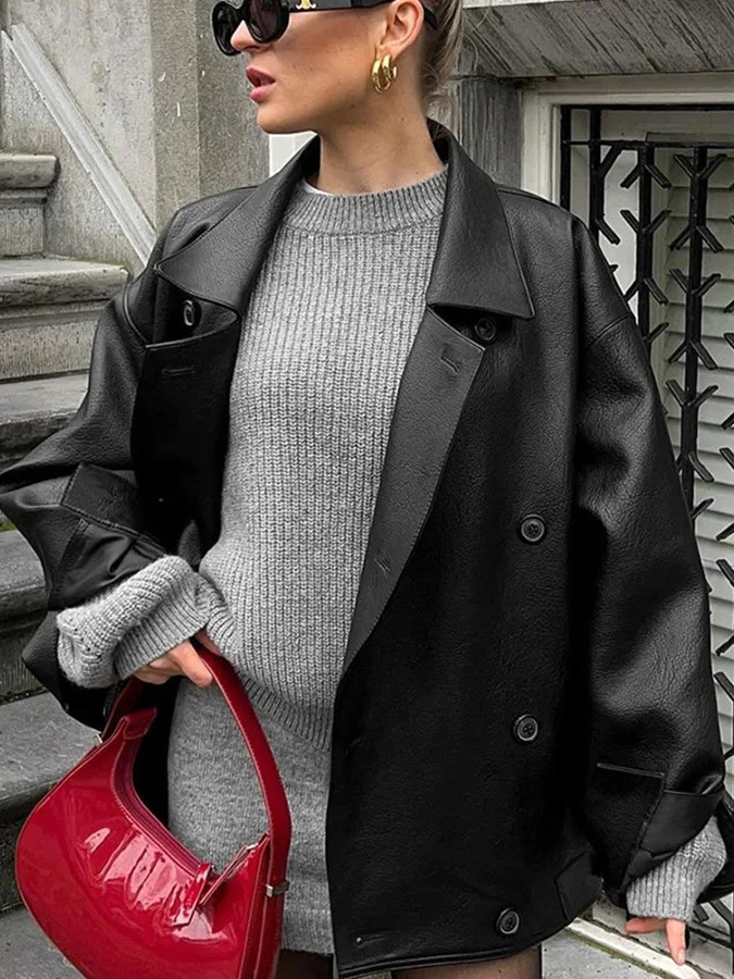 レディース ブラウン レザー ジャケット ヴィンテージ 冬用 ルーズフィット 肩丈コート ボタン装飾 ヨーロッパ風 スタイル ロング スリーブ PUレザー...