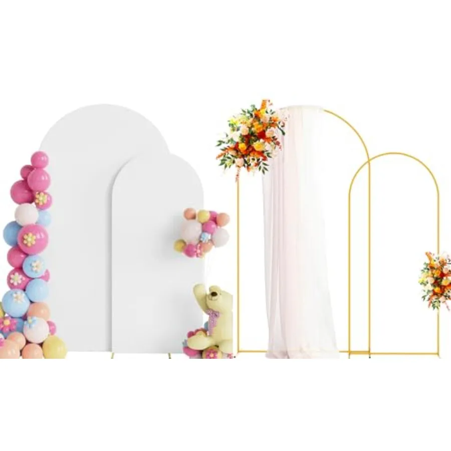 

Wedding arch stand with cover set of 2: white spandex fitted covers + round-top Chiara backdrop stand for birthday party, baby