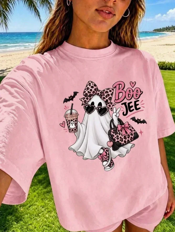 2026 New Arrival Women's Boo Jee Graphic T-Shirt, Fun Halloween Pink Ghost Jersey Style Leopard Print, Round Neck Casual Short Sleeve, Halloween Holiday Outfit Basic Top T-Shirt