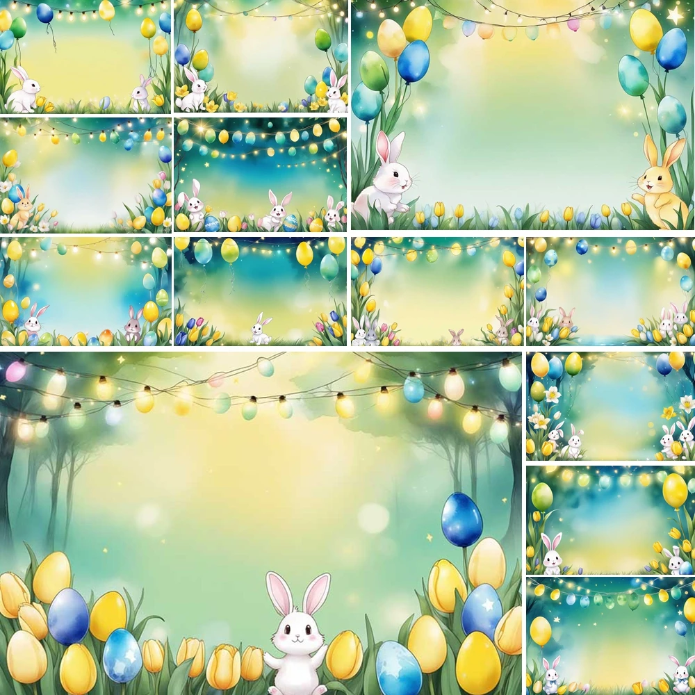 

MOON.QG Easter Bokeh Backdrop String Lights Yellow Blue Eggs Bunny Figurines Backgrounds For Photographs Accessories Poster