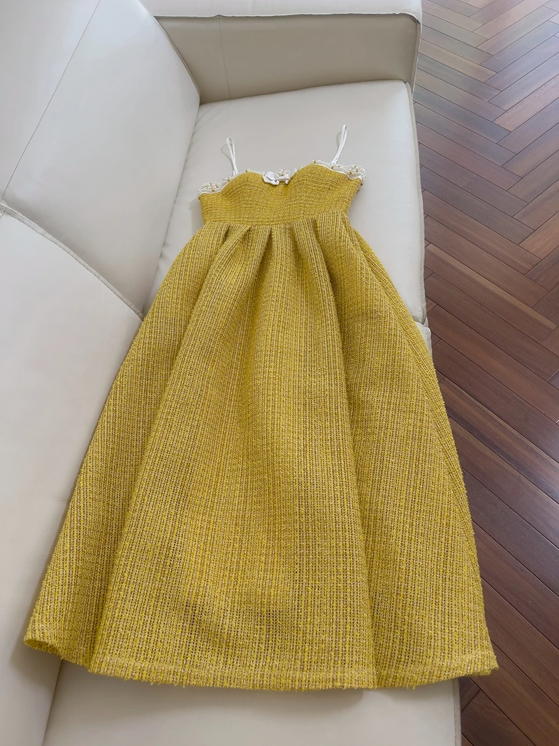 

Бальное платье Ele с бретельками из бисера, длинное платье для ужина, женская корейская юбка трапециевидной формы с высокой талией, украшенная жемчугом