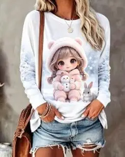 Women Long Sleeve T‑Shirt Christmas Cartoon Girl Cat Gift Snow Print Crew Neck Loose Casual Holiday Blouse Tops