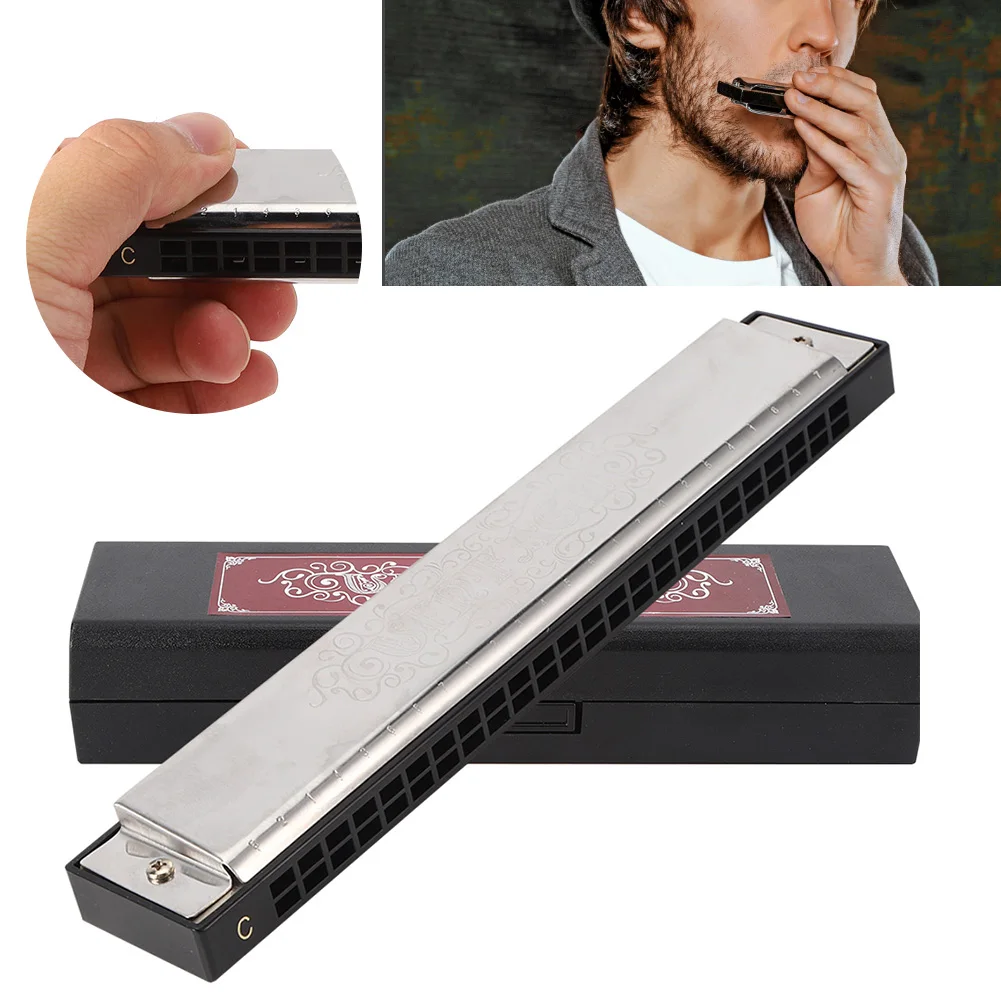 24 Hole Harmonica C Key Stainless Steel Silver with ABS Resin Grid Brass Seat Plate Imported Phosphor Bronze Reed for Adults