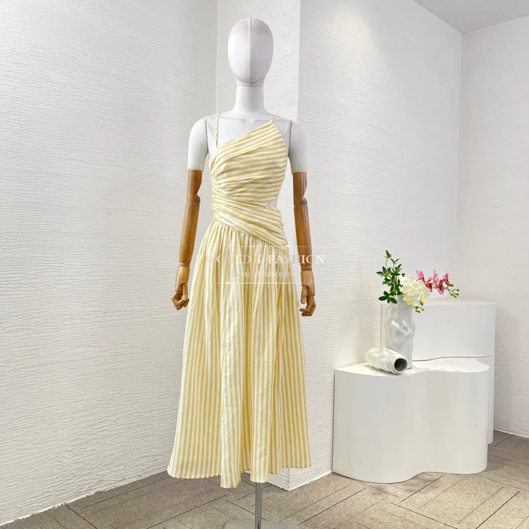 

Yellow Stripes Print Backless Sleeveless Sloping Shoulders Midi Dress