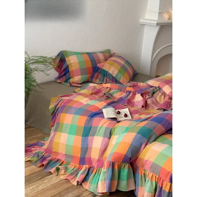 Colorful Hourglass French Dopamine Rainbow Plaid Cotton Double Yarn Four-piece Cotton Retro Quilt Cover Bedding