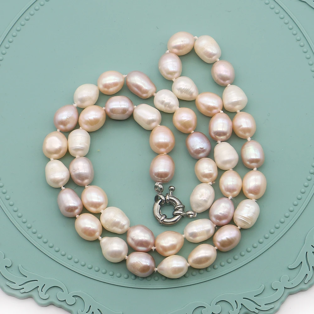 

9-10mm Natural Freshwater Rice Pearl Necklace With Silver Direction Clasp Design Jewelry Accessory Elegant Woman Daily Wear Gift