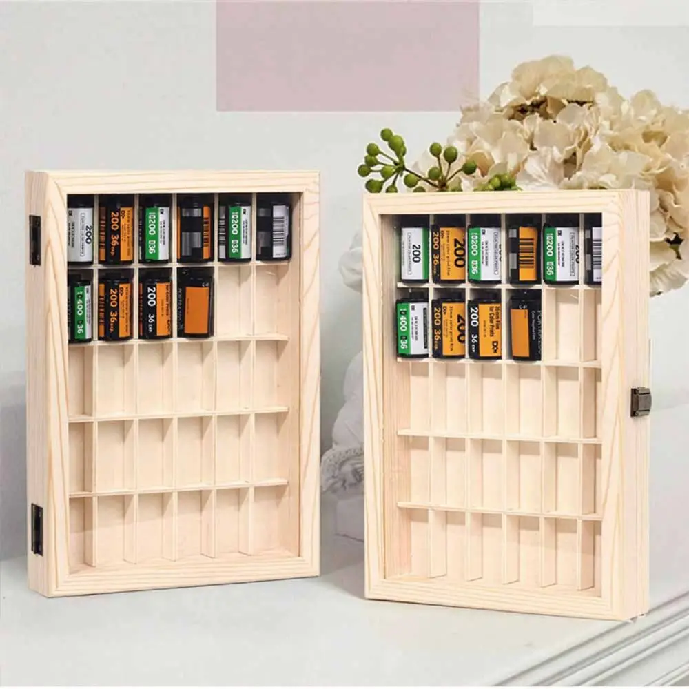 Durable Wooden Storage Box Dustproof High-capacity Display Case Multi Purpose with Lid Organizer Box for 135 Film Cassette