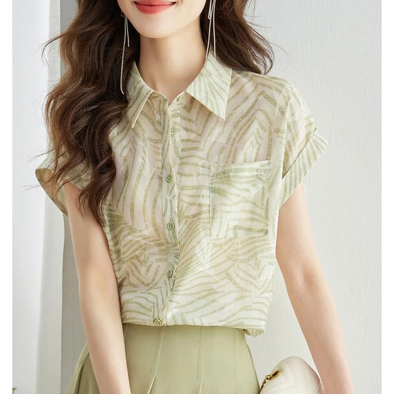 

Fashion Lapel Pockets Printed Chiffon Short Sleeve Shirts Women's Clothing 2024 Summer New Loose Casual Tops Office Lady Blouses