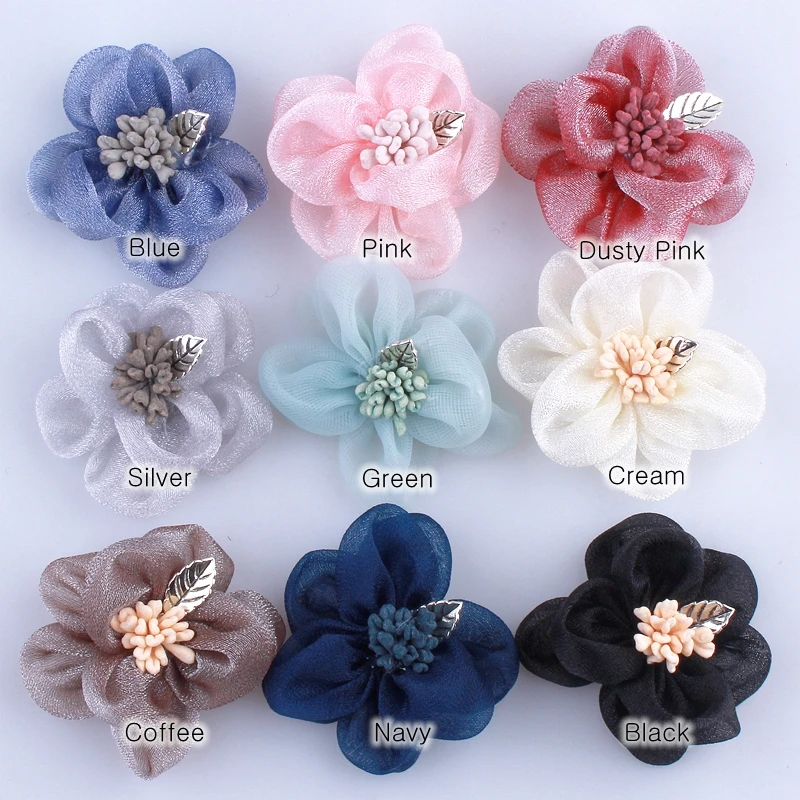 20PCS 4.5CM New Chic Silk Fabric Flowers For Women Hair Shiny Gauze Layered Flower With Stamen For Headband Accessories U Pick