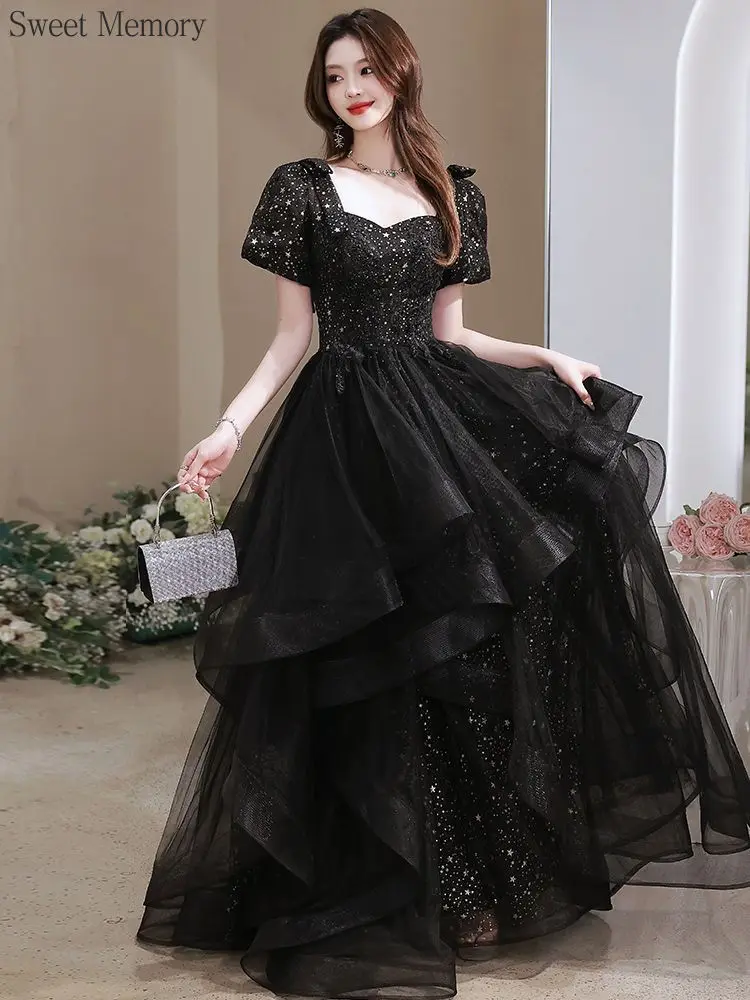 

Sweet Memory Black Dress Evening Party Dresses Female Vintage Mesh Floor-Length Short Puff Sleeve Ball Gown Prom Dress