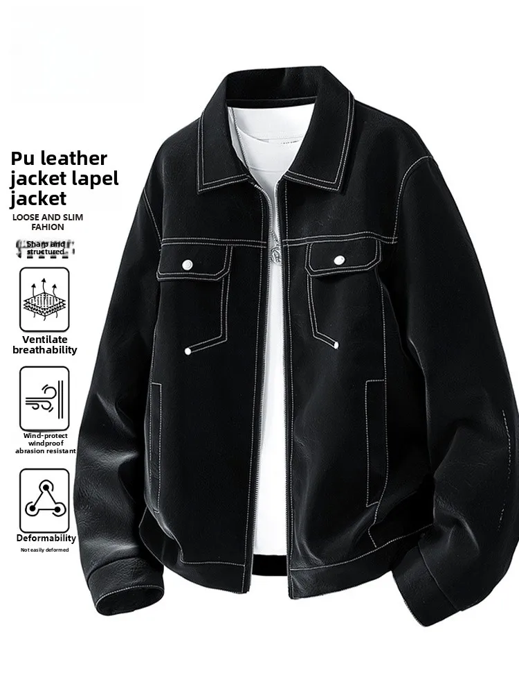 

Casual PU Leather Jaet Men's Spring Autumn New Sle Trendy Brand Workwear irt Collar Long Sve Windproof Youth Coat