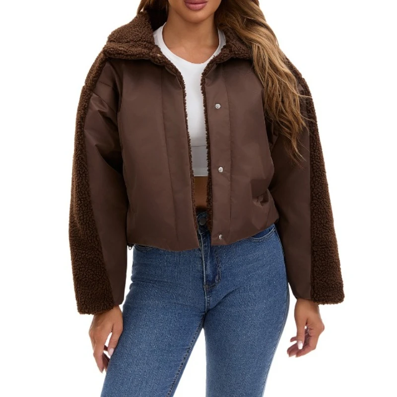 

Lamb Wool Women Short Coats Zipper Jackets Turn Down Collar Thick Y2k Streetwear Elegant Casual Work Coat Autumn Winter 2025