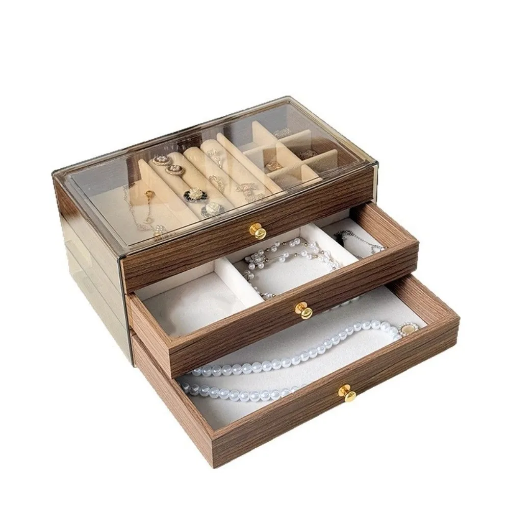 Multi-layer Wooden Jewelry Box Rings Necklace Bracelet Earrings Jewelry Storage Case Large Capacity Transparent Window