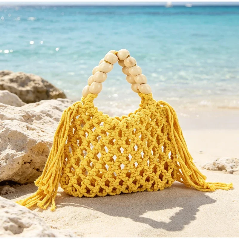 Boho Häkel-Handtasche mit Aushöhlungen und Quasten, Holzperlen-Griff, Gewebte Strandtasche, Sommer-Urlaub Strohtasche, Damen Casual Schultertasche – Detail 8