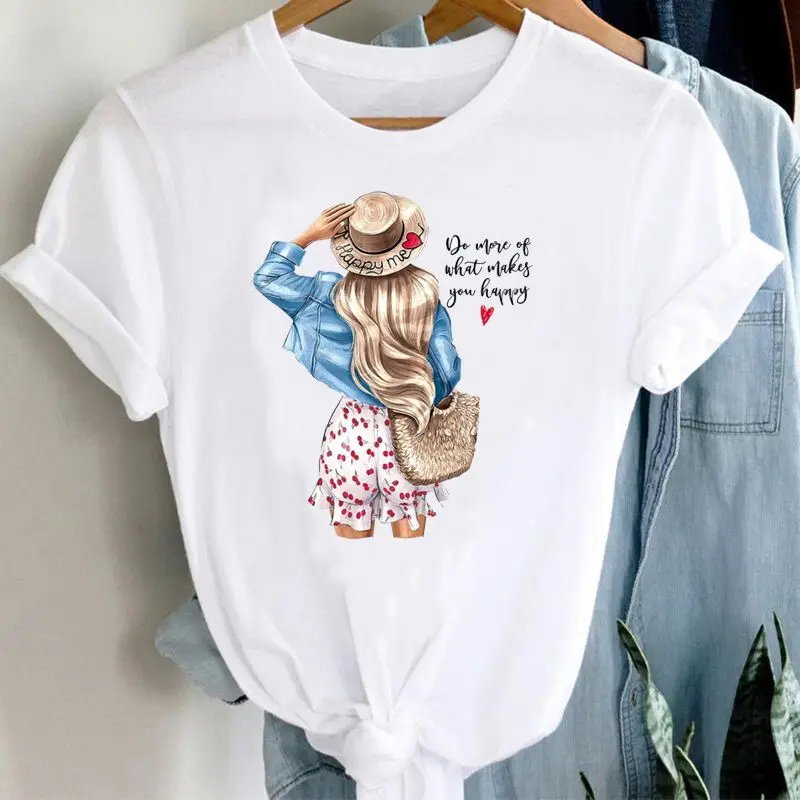 Nowa damska koszulka z nadrukiem, czysty krój, elegancka koszulka damska, fason A, materiał lniany.