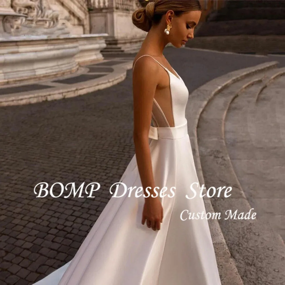 BOMP-Vestidos de Novia de corte en A, tirantes finos de satén personalizados, Vestidos de Novia sexys con espalda descubierta, cola de barrido, Vestidos de Novias Boda 2025